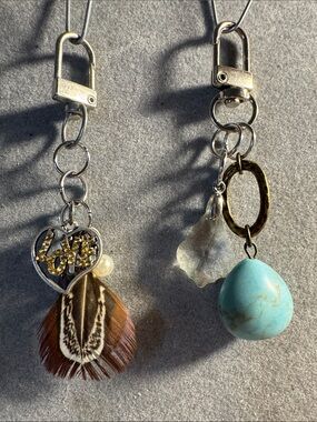 Hand Crafted Silver Love Feather & Turquoise Charm Keychain Pair